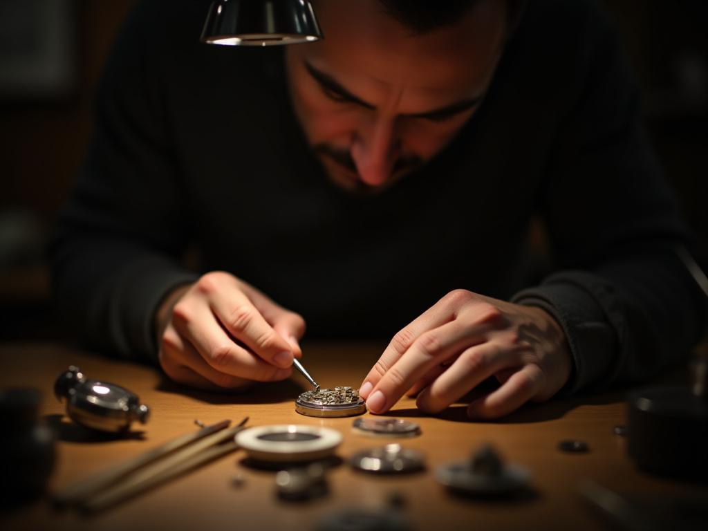 A master watchmaker meticulously assembling a mechanical movement at a workbench.