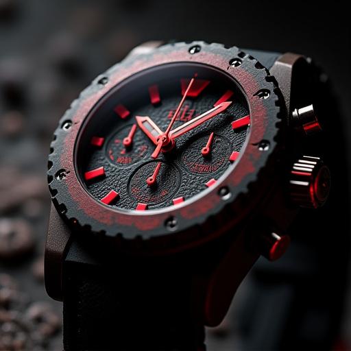 The Magma Chronograph watch with lava-red accents on a textured dial