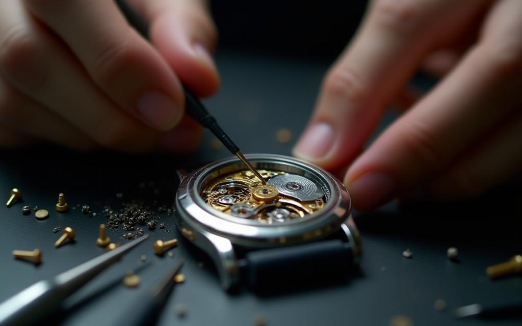 A close-up view of a technician using precision tools to repair an open watch case.